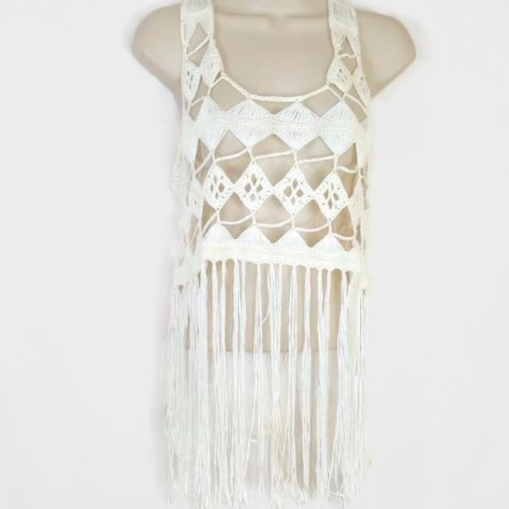 May & July Womens Tank Top Cream Knitted Open Crochet Fringe Hem Boho L